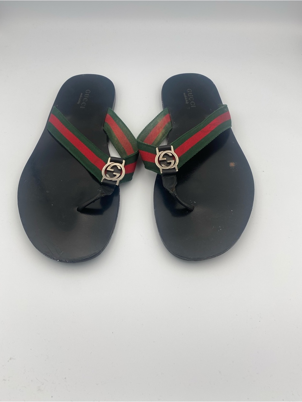 Gucci Black Leather Flip Flops with Green-Red Web Straps and Gold GG